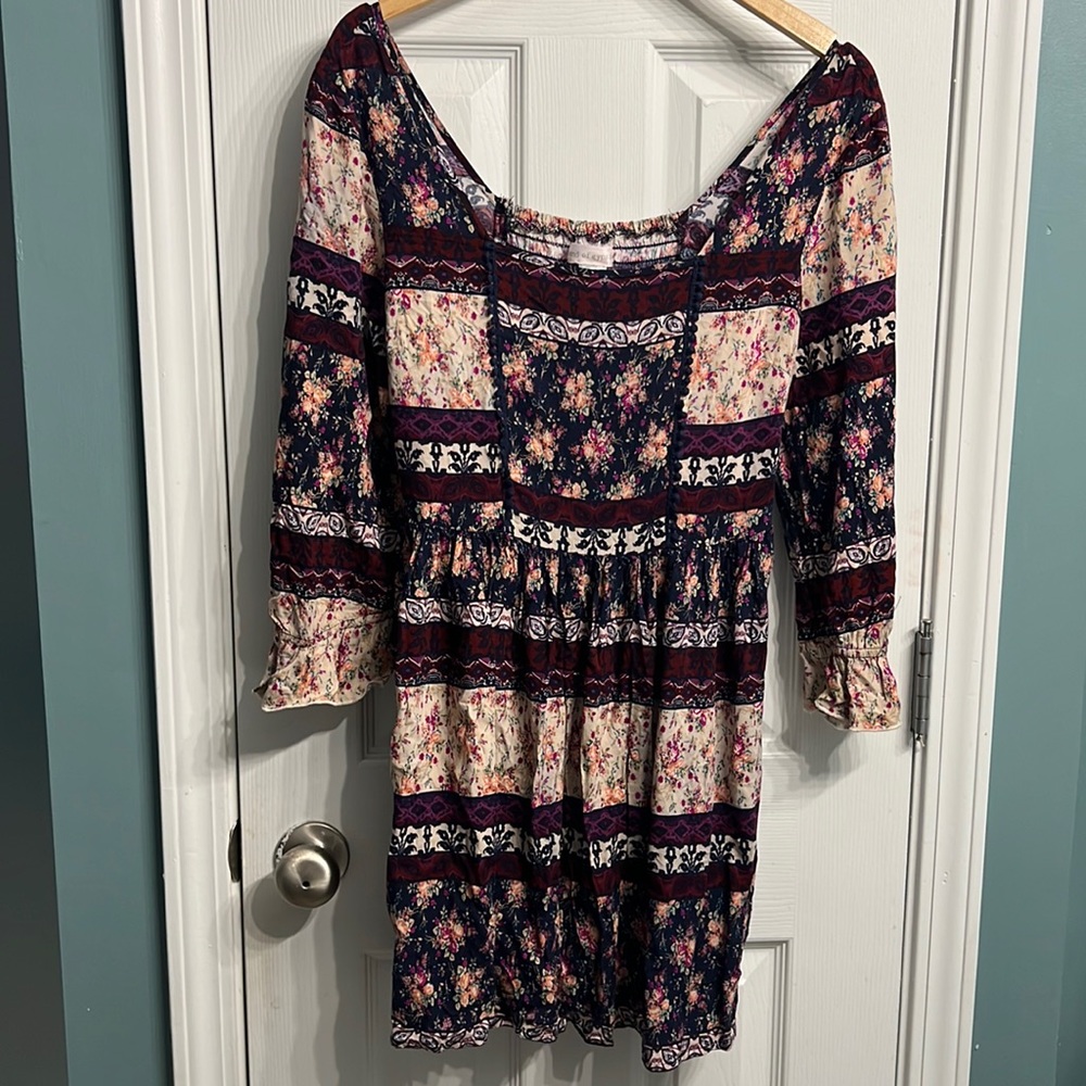 BAND OF GYPSIES Bohemian Square Neck Smocked
Bodice Peasant Mini Dress LARGE